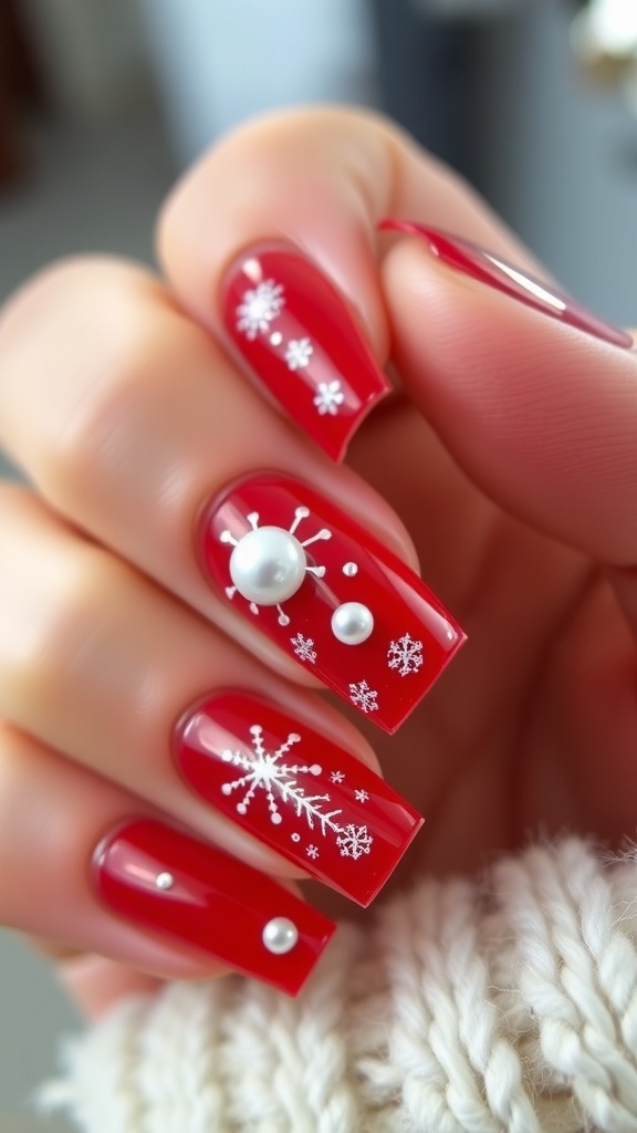 Elegant Pearl Christmas Nail Art Elegant Christmas nail art with red polish and pearl accents, featuring festive designs.